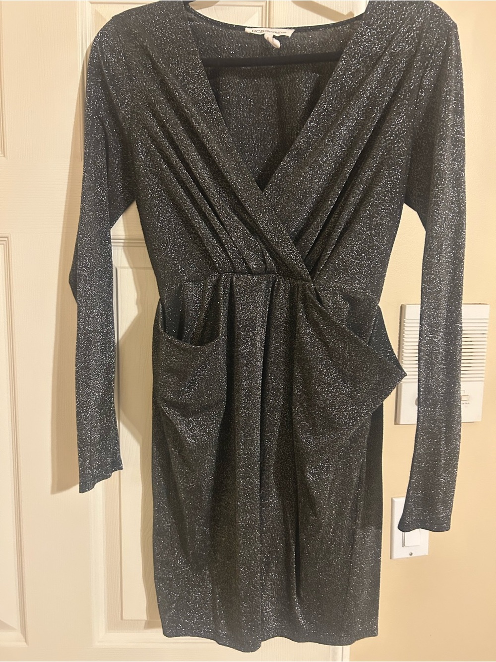 Sparkle Wrap-Front Long Sleeve Dress - Metallic Black
